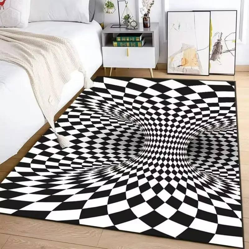 VIKAMA 3D Optical Illusion Swirl Area Rug Checkered Pattern Non Slip Living Room Carpet Washable Bedroom Floor Mat Home Decor