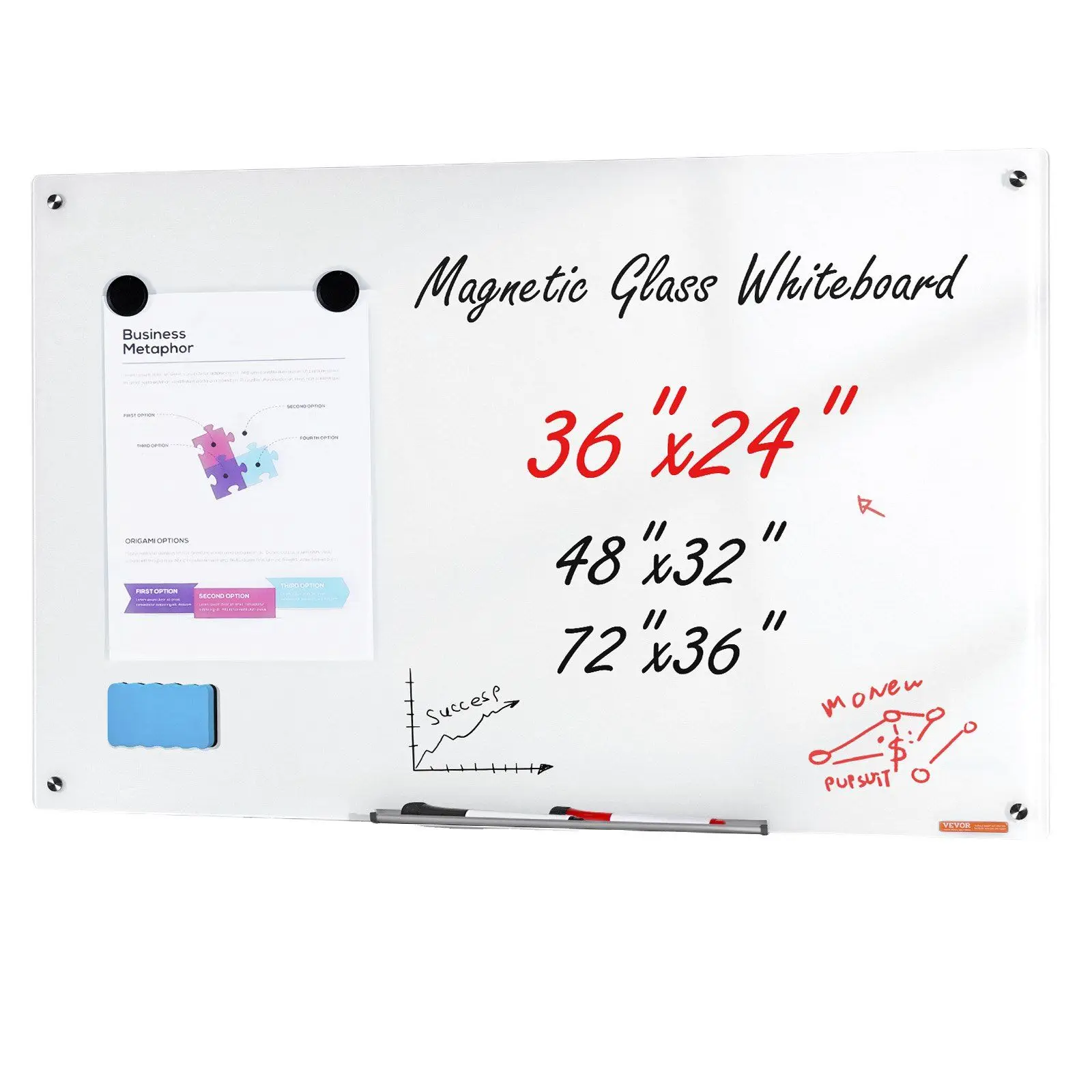 

36x24in Magnetic Dry-Erase Glass Board, Ultra-Smooth Writing Surface, Frameless with Tool Tray, 0.4mm Thick Magnetic Layer
