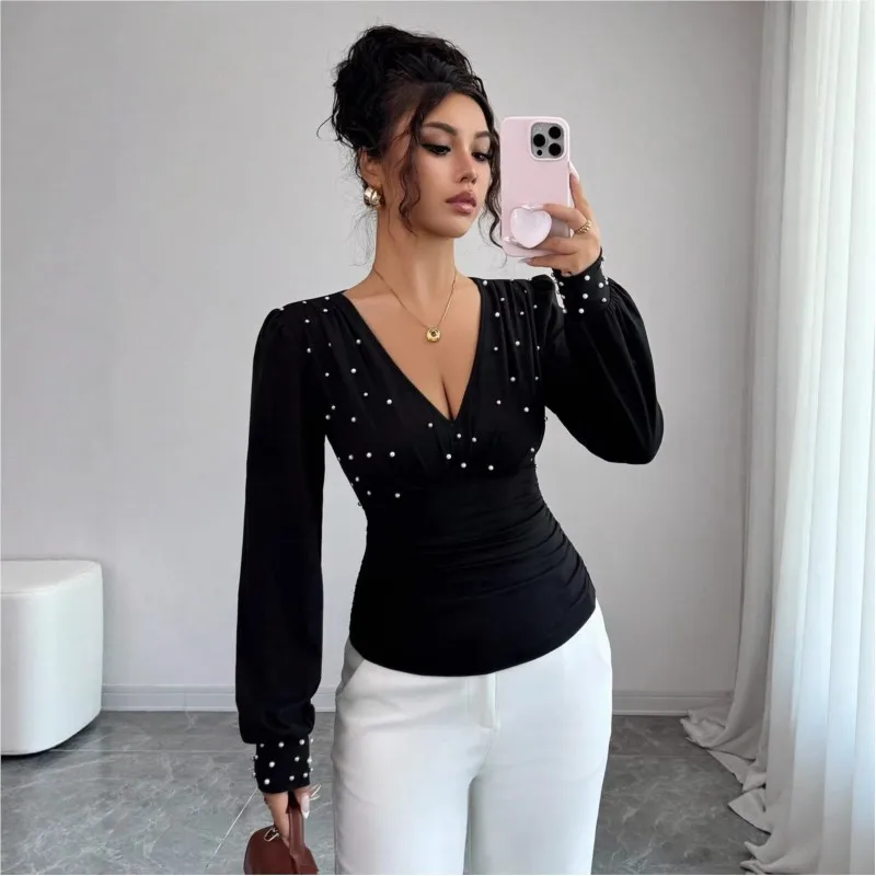 

Новая женская блузка 2026 года с V-образным вырезом, длинными рукавами-фонариками, бисером и драпировкой, приталенный топ для элегантных вечеринок и торжественных мероприятий