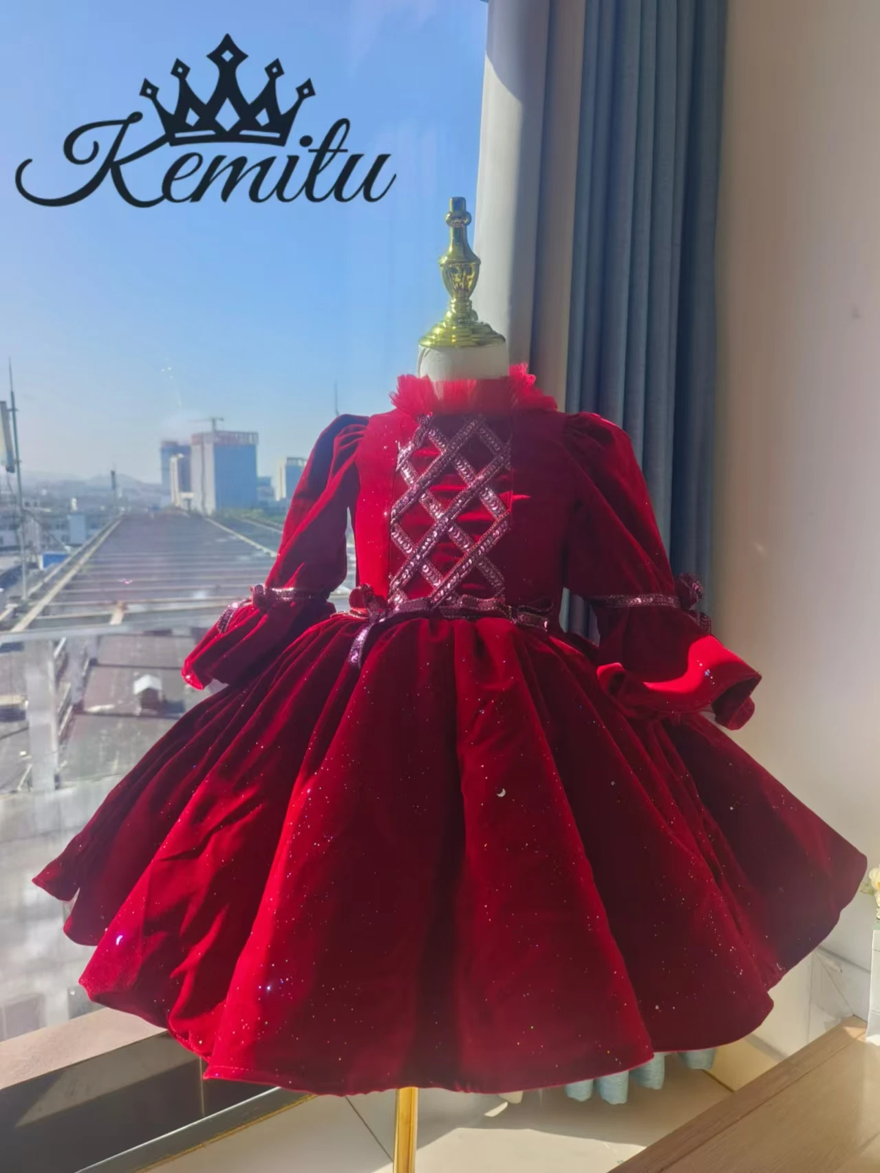 New Year Velvet Flower Girl Dress Long Sleeve for Christmas Birthday Party Elegant Princess Dress