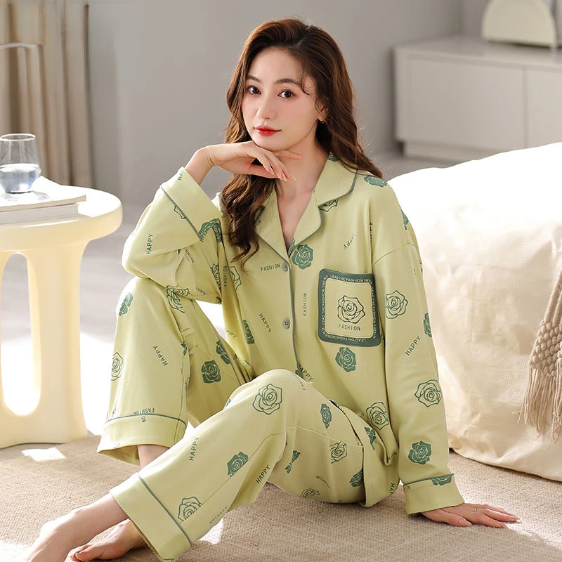 2024 New 100% Pure Cotton Pajamas Women Spring Autumn Sleepwear Long Sleeved Loungwear Sets Winter Loose V-neck Homewear