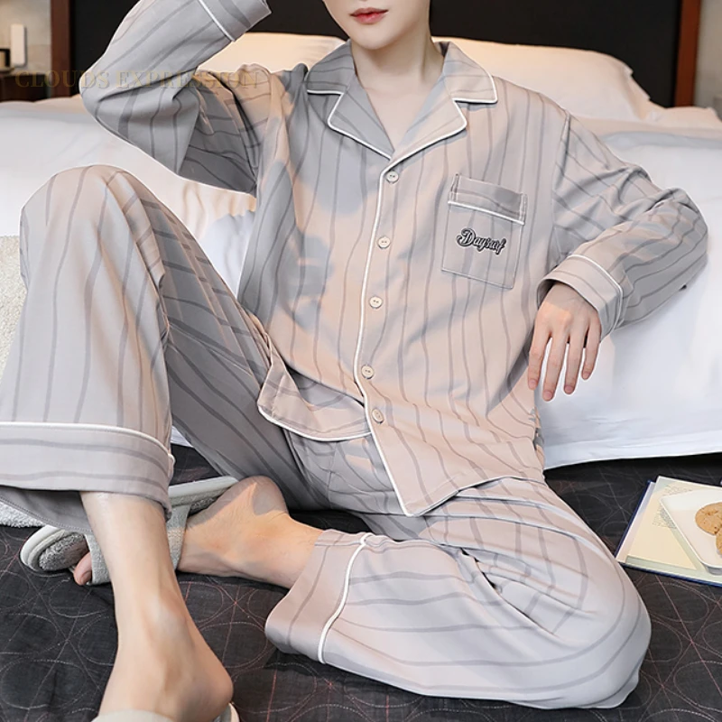 Spring Autunm Plus Knitted Cardigan Pjs Turn-down Men's Pajama Sets Male Pyjamas Plaid Loungewear 3XL Sleepwear Homewear Fashion