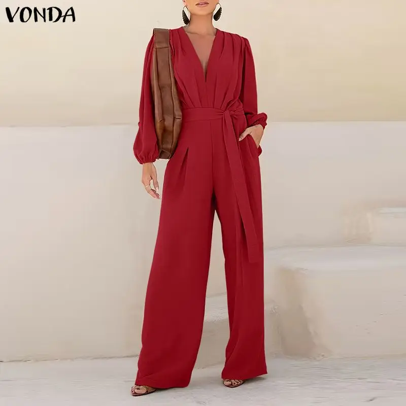 VONDA Women Jumpsuits Fashion Long Sleeve Pleated Solid Long Playsuits Summer Belted Elegant Office Lady Overalls Plus Size 5XL