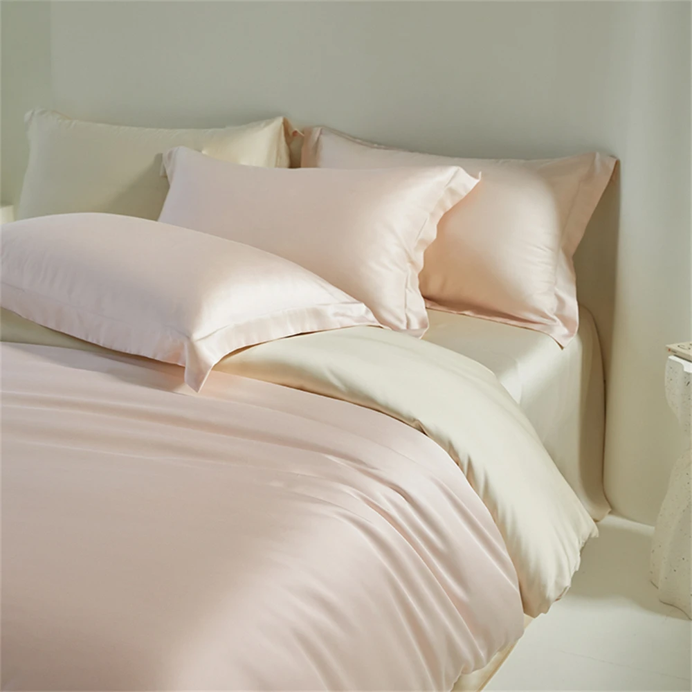 Liv-Esthete Women Pink 100% Silk Bedding Set Healthy Silky Double Color Queen King Duvet Cover Flat Sheet Pillowcase Bed Linen