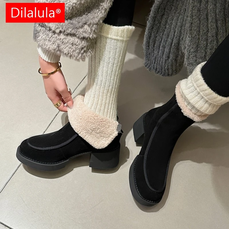 

Dilalula 2026 Genuine Cow Suede Women Warm Boots Winter Round Toe Platform Med Thick Heels Short Boots Lady Winter Shoes