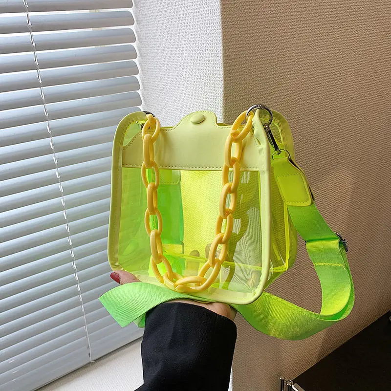 New Autumn Fluorescent Green PVC Jelly Chain One Shoulder Clear Phone Bag Fashion Waterproof Female Crossbody Mini Bag