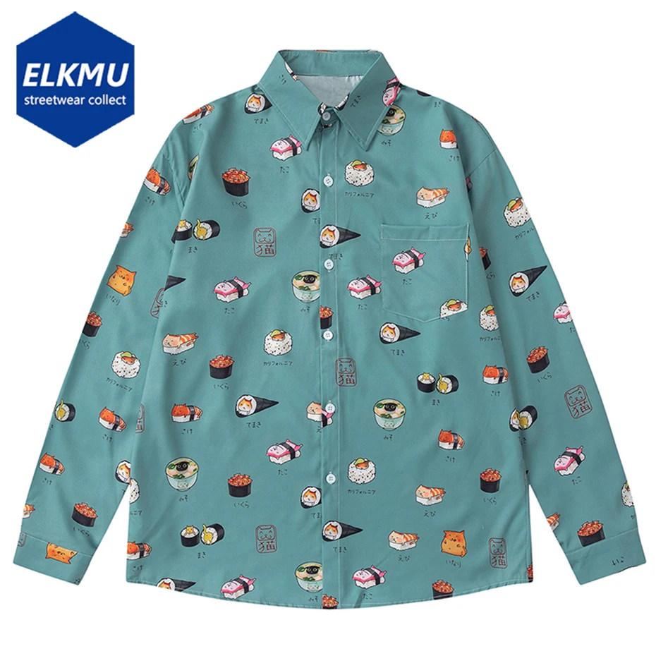 

Японские рубашки с рисунком кота Харадзюку, повседневные свободные рубашки с длинными рукавами, блузка на пуговицах, уличная одежда, рубашки большого размера в стиле хип-хоп