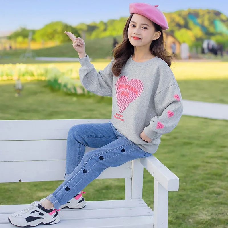 Spring Autumn Baby Girls Casual Sports Clothes Set Baby Heart Printed Sweatshirt+Jeans Casual Trousers Sets Children Outfit