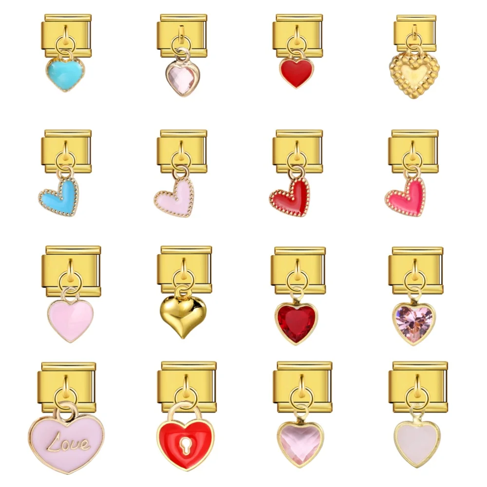 Mode Alle Gold Farbe Liebe Herzen Anhänger Charms Italienischen Edelstahl Link Fit 9mm Paar Armbänder Geschenke Machen Schmuck DIY