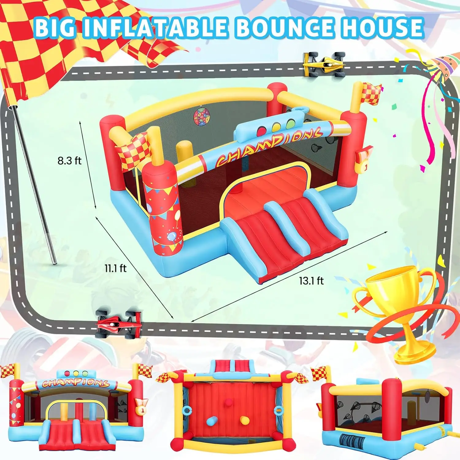 Casa de rebote inflable grande para niños grandes, abolladuras inflables al aire libre de 13 pies con soplador, aro de baloncesto doble, juego de pelota de lanzamiento,