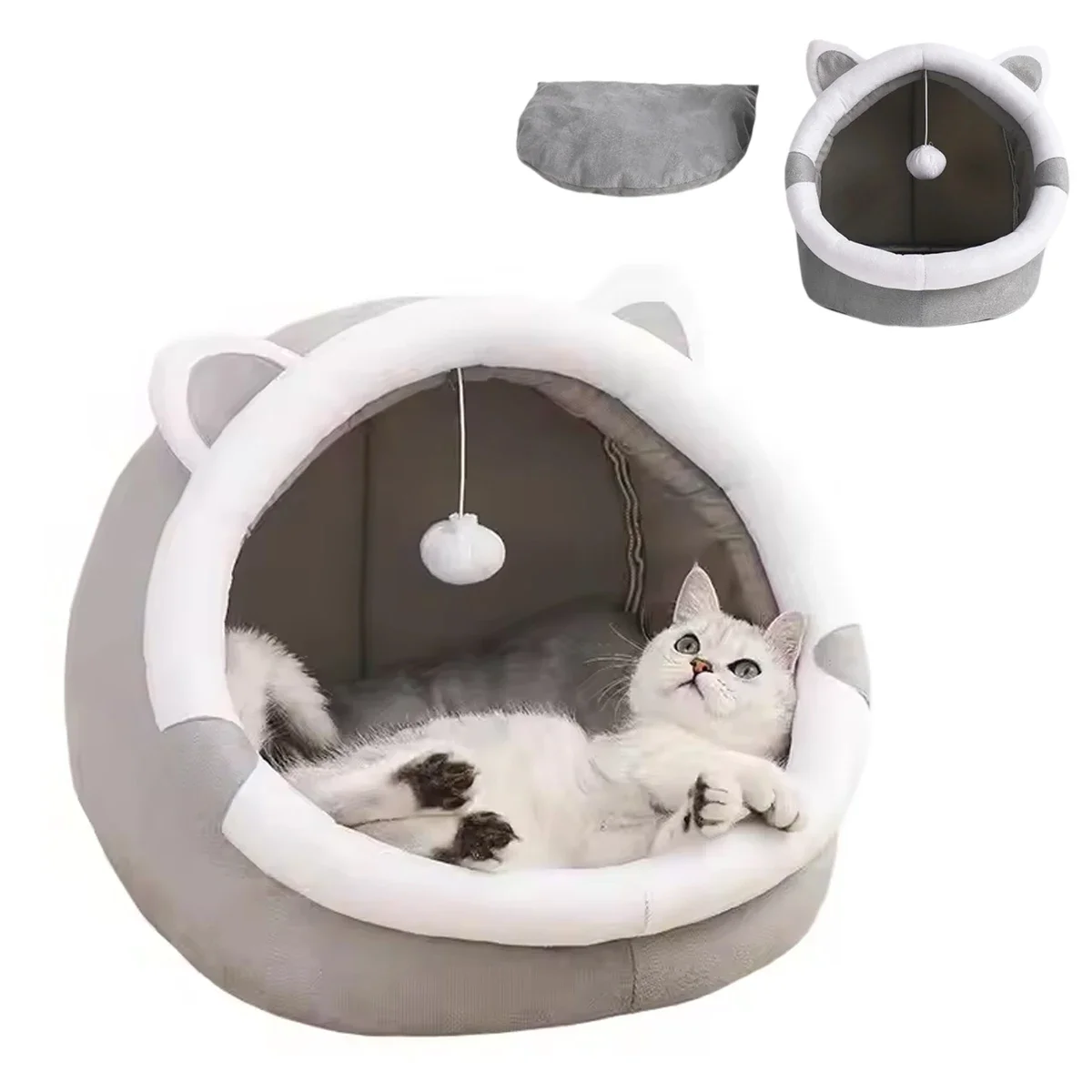 

Comfortable Semi-Closed Cat Bed with Mat Pet Warm Soft Plush Cat Nest High Rebound Cotton Puppy Tent House for Cats Accessories