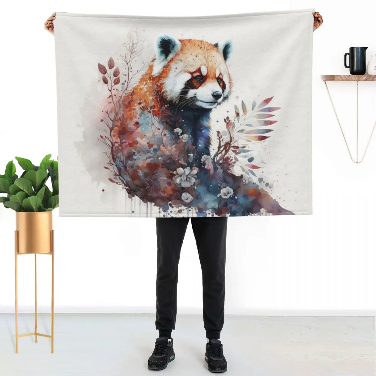 

Watercolor Red Panda in Nature, Floral Design Throw Blanket Stylish Decor Blanket Gift for Friends Roommate