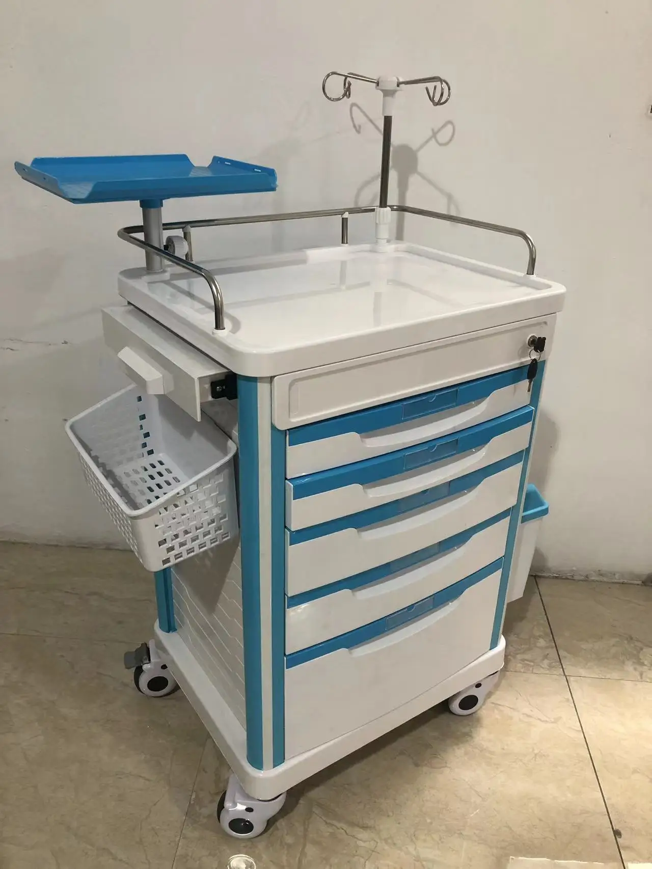 Manufactory wholesale hospital clinic patient room furniture with IV drip stand ABS medicine cart emergency trolley