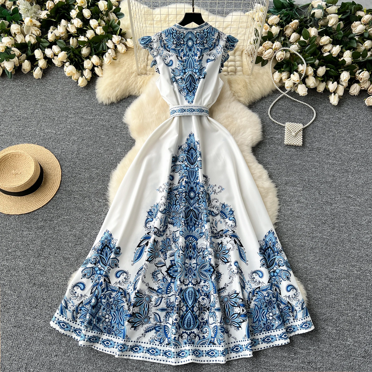 Summer V Neck A Line Elegant Dresses Women With Blet Flower Printed Long Dresses Women Work Office Lady Casual Dresses