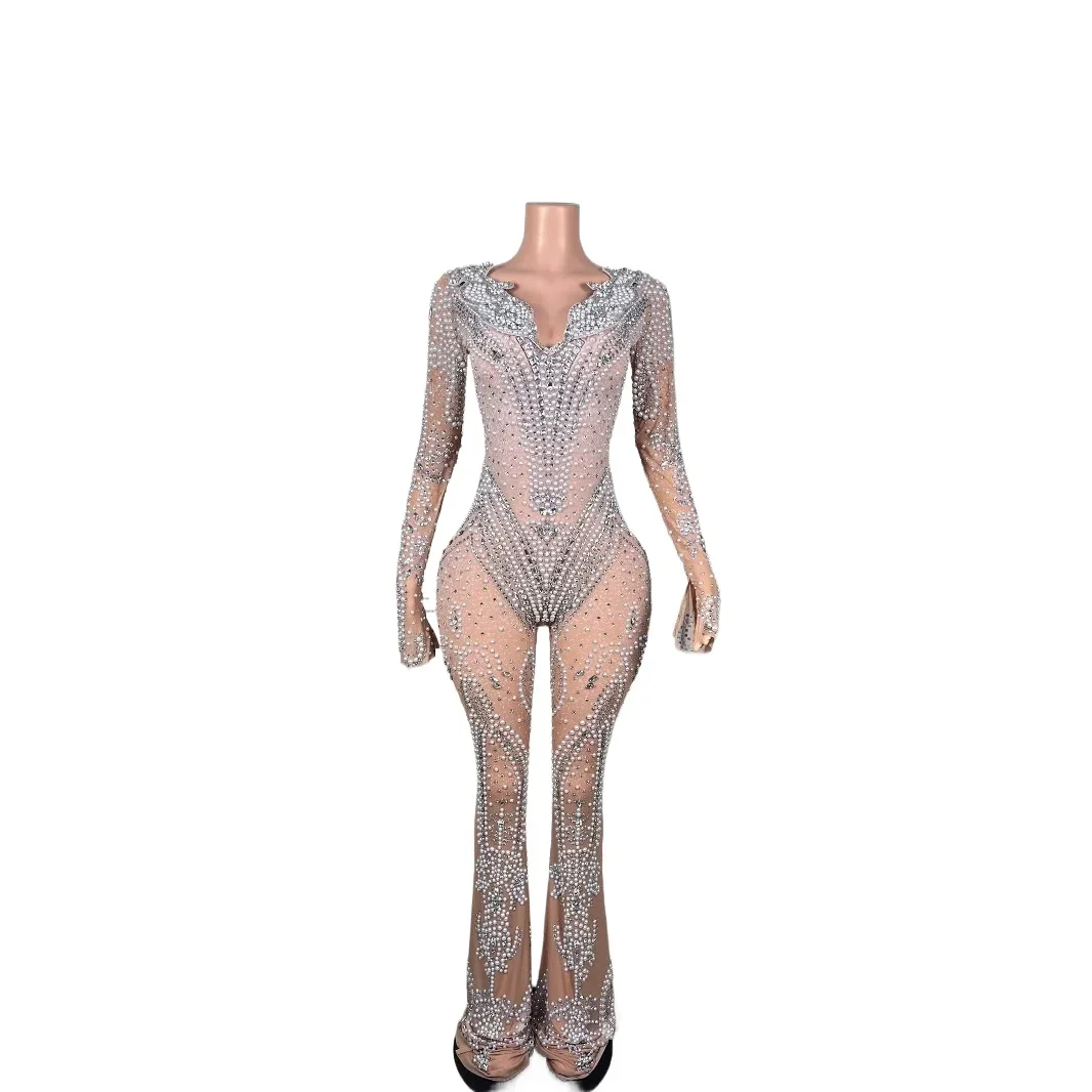 Rhinestones Birthday Party Bodysuit Nightclub Bar Long Sleeve Jumpsuit Wide Leg Pants Female Singer Model Costume Stage Outfit