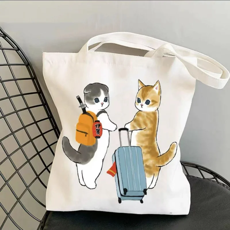 Kawail Cat Canvas Shopping Bag Graphic Harajuku Women Tote Handbag Large Capacity Women Shoulder Bags Eco Fashion Girls Handbags