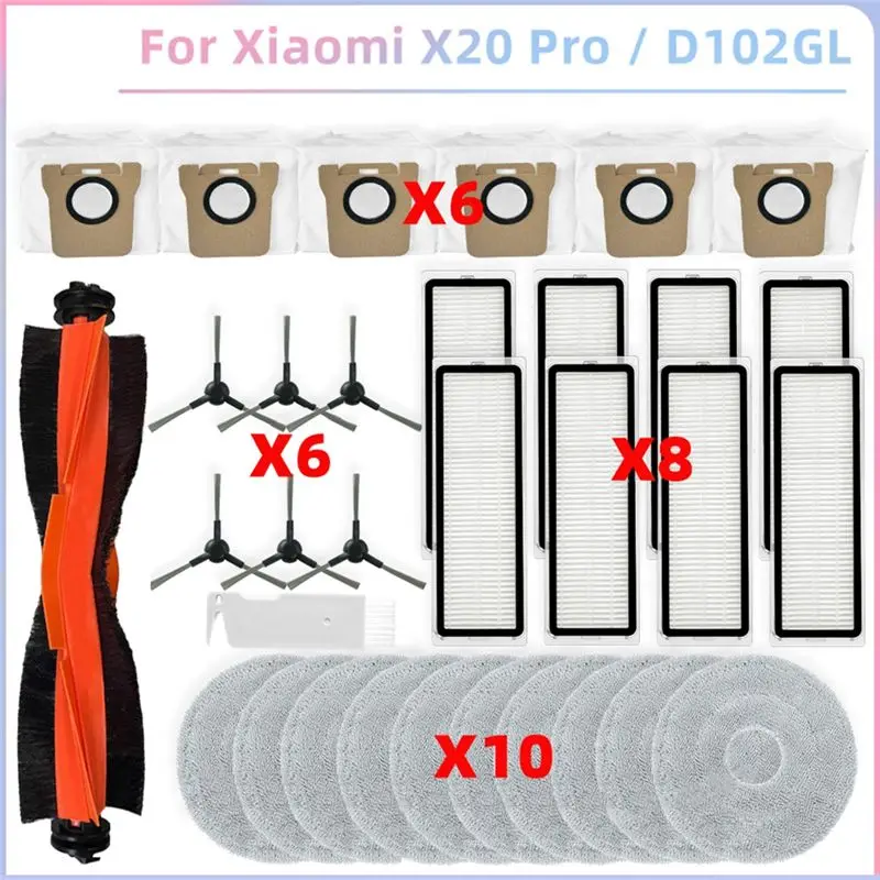 ABZC-For Robot Vacuum X20 PRO / D102GL Vacuum Cleaner Parts Main Roller Side Brush Hepa Filter Mop Cloth Dust Bags