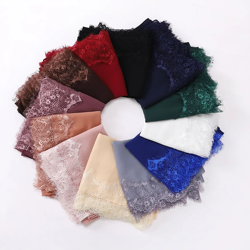 

Fashion Muslim Modal Chiffon Jersey Hijab for Women Plain Soft Scarf Shawls Big Lace Trim Headscarf Islamic Turban Headband