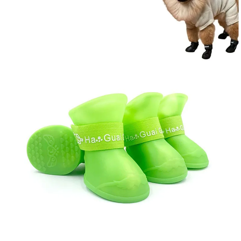 4pc Waterproof Silicone Dog Rain Boots Colorful Pet Shoes Anti-slip Puppy Foot Protector Adjustable Strap Outdoor Walking Bootie