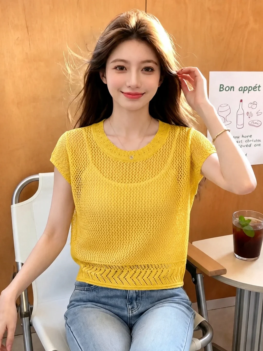 

Fashionable Hollow out Knitwear Short Sleeve Casual Versatile Summer Top Korean Style Loose Fit Soft Material Commute Style