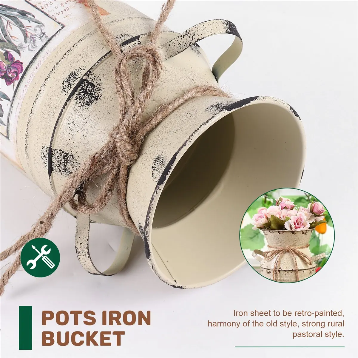 A1413Z~Shabby Table Gift Arrangement Craft Home Decoration Vintage Pots Iron Bucket Wedding Flower Vase Rural Style -Beige