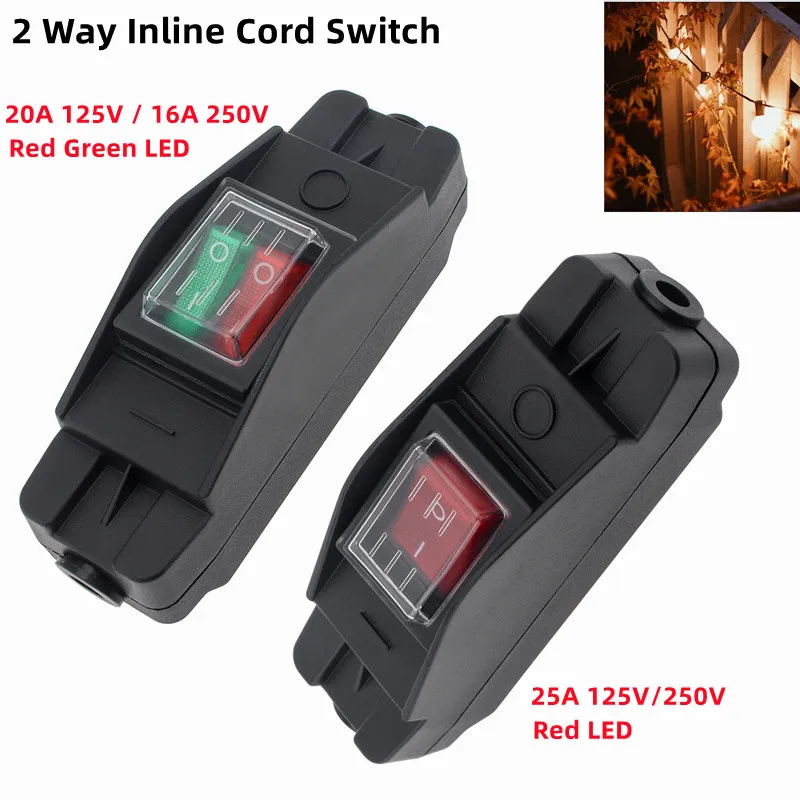 2 Way Inline Cord Switch 20A 125V / 16A 250V AC Red / Green LED Lighted ON/Off Power Switch for High Amp Electric Appliances