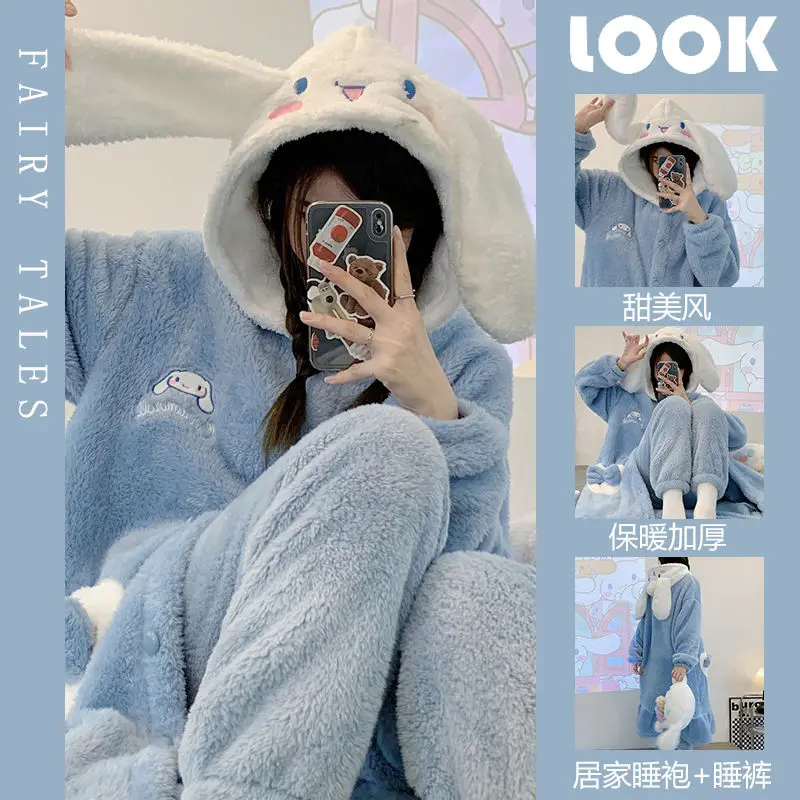 

Sanrio Coral Velvet Pajamas Cinnamoroll Flannel Nightwear Velvet Thickened Pants Warm Autumn and Winter Can Be Worn Outside Cute