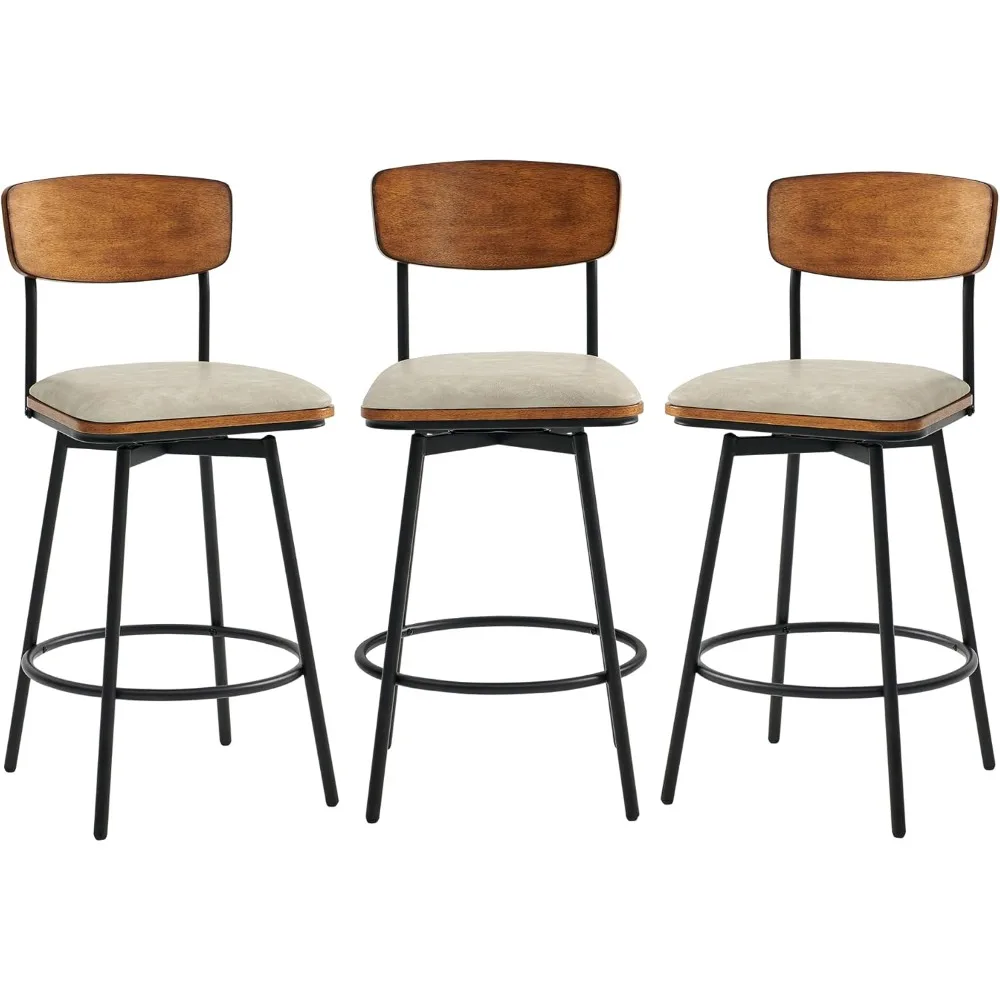 

Swivel Counter Height Bar Stools with Back, Faux Leather Upholstered Barstools Set of 3, 27" Seat Height, Metal & Wood Frame, S