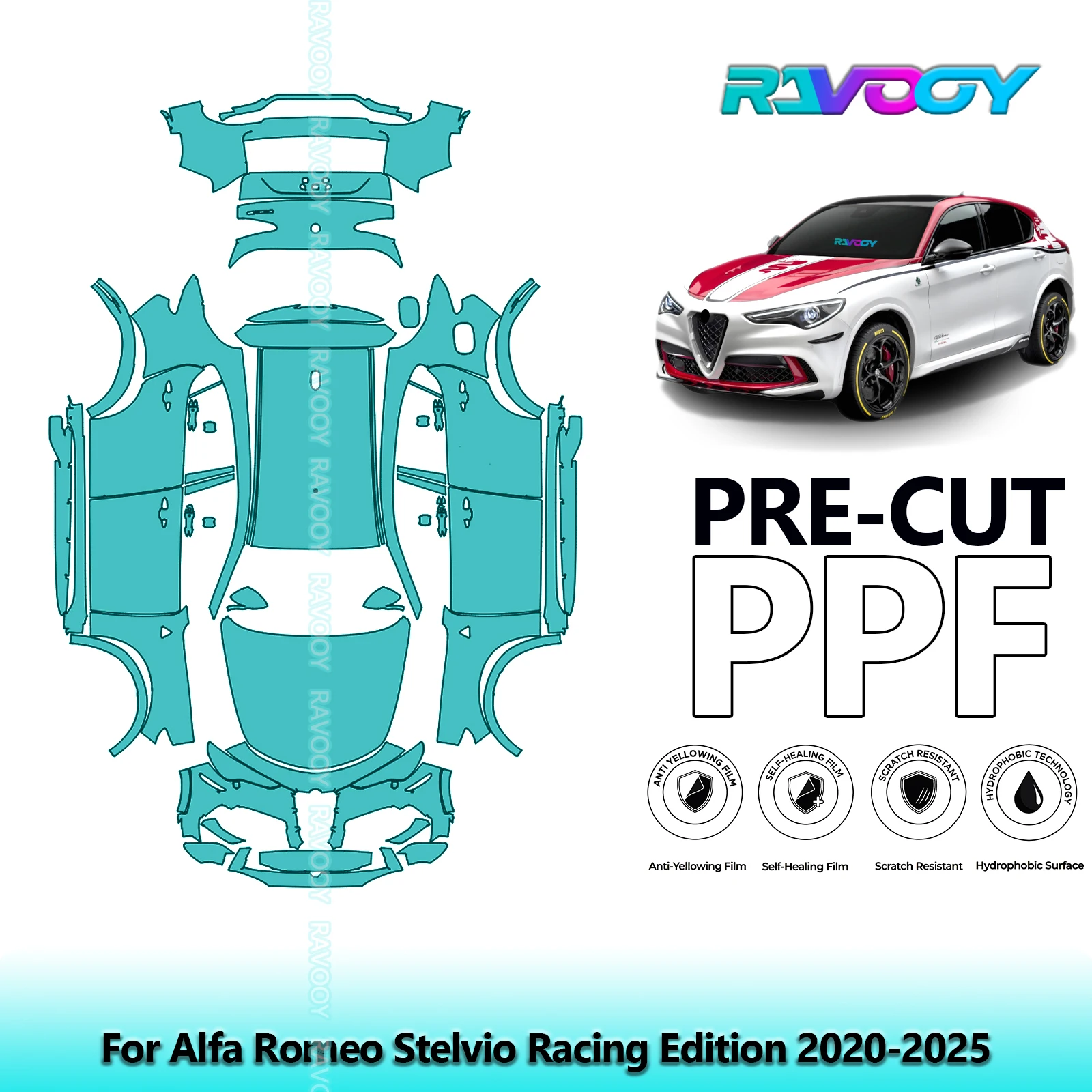 RAVOOY 8.5Mil Custom-Fit Precut TPU PPF Full Vehicle Clear Bra Stone Guard EU UK For Alfa Romeo Stelvio Racing Edition 2020-2026