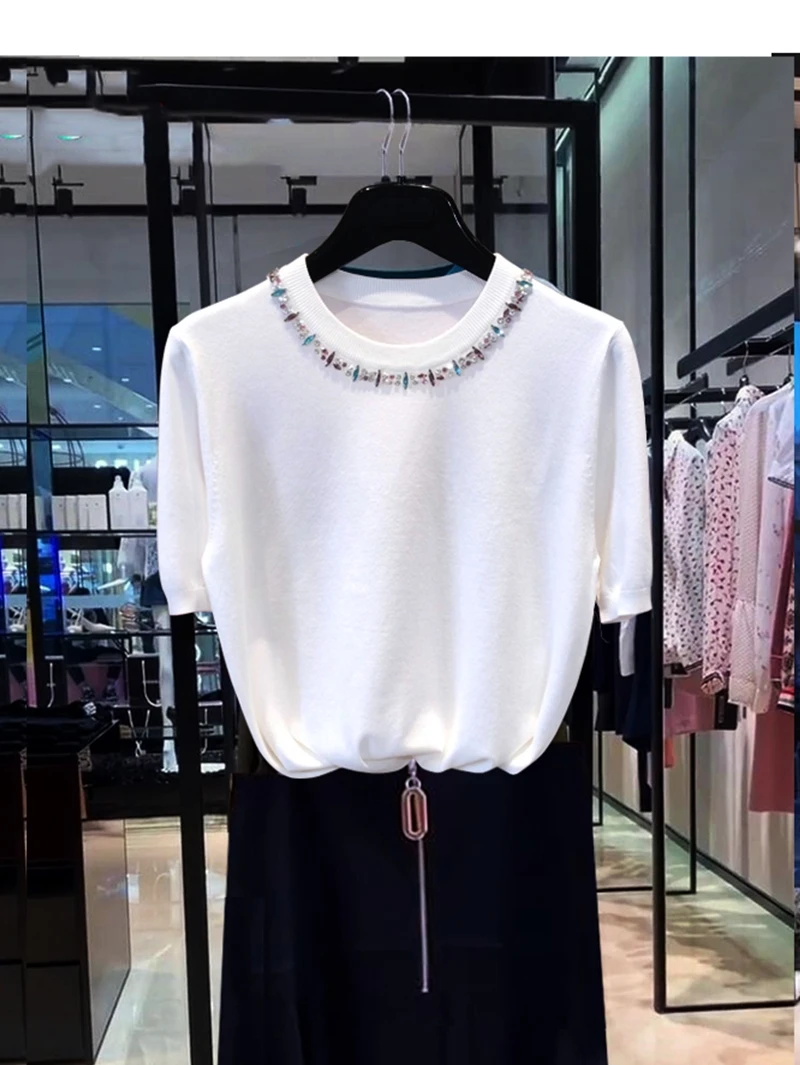 

Облегающая трикотажная женская футболка Irt Or Sve Sle 2024, летняя круглая футболка с бриллиантами Embellied Ne, повседневная хлопковая футболка для поездок на работу