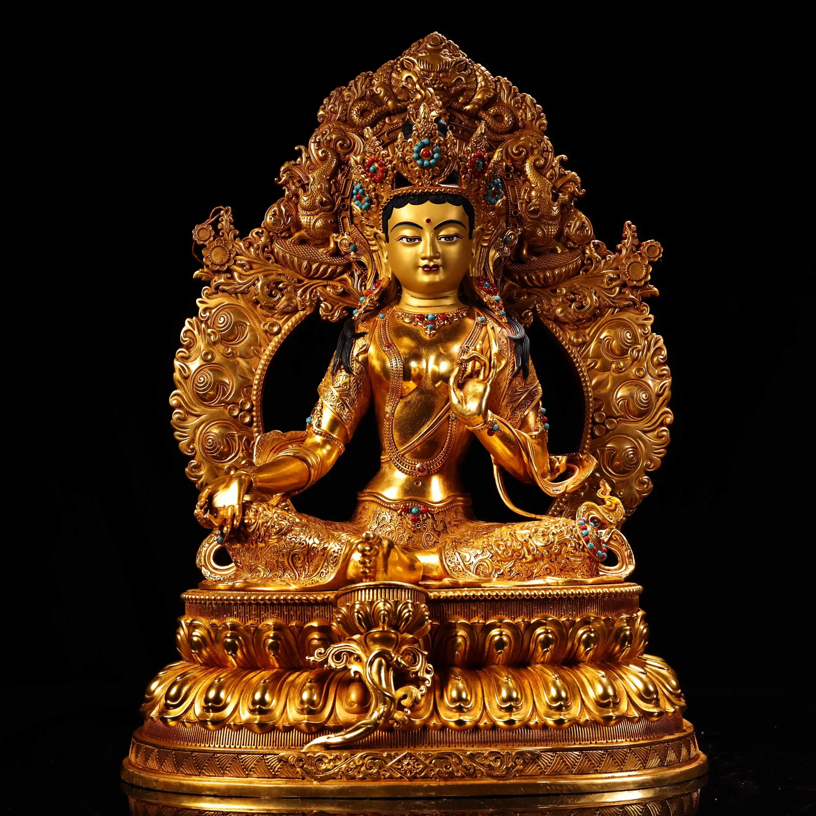 

15-дюймовая непальская старинная бронзовая статуэтка с позолотой, росписью и высоким рельефом, мозаика из драгоценных камней, зеленая Тара, сидящий Будда, для поклоннического зала