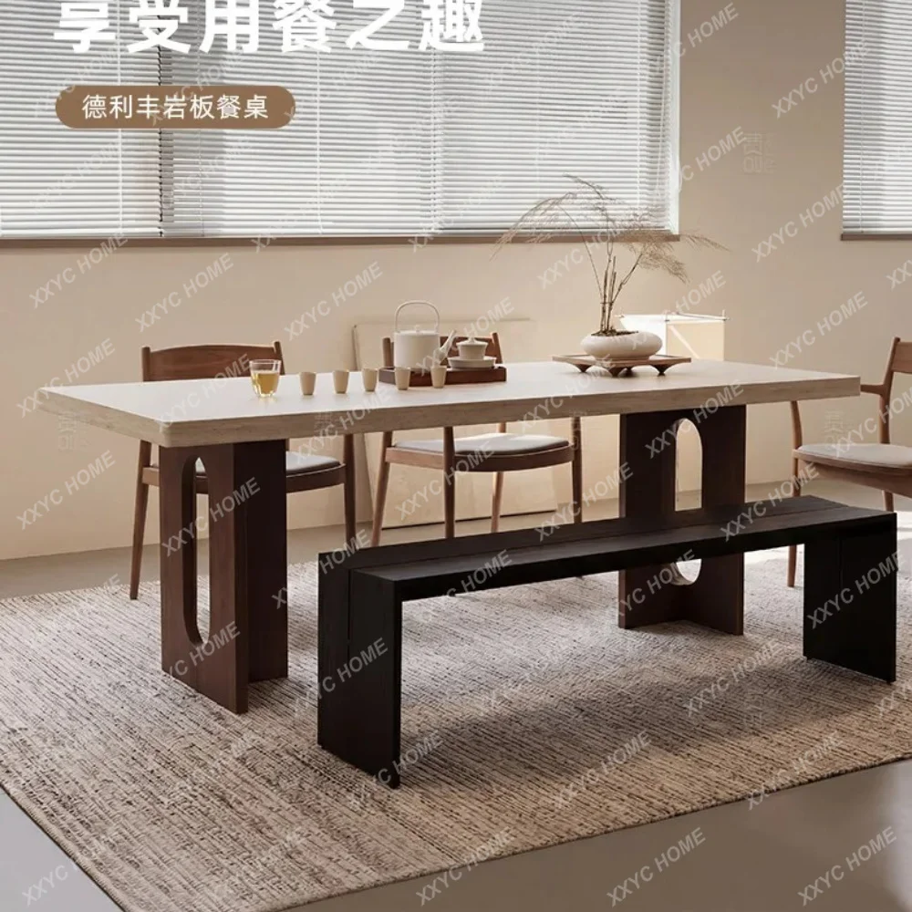 Solid wood dining table medieval cave stone hanging Deli Feng rock slab dining table rectangular household dining table