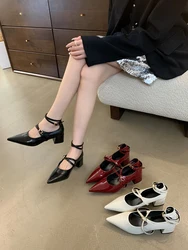 Pointed Toe Women Sandals 2024 New Arrivals Patent Leather Cross Strap Mid Heels Summer Sandals Shoes Woman Red Sandals Size 39