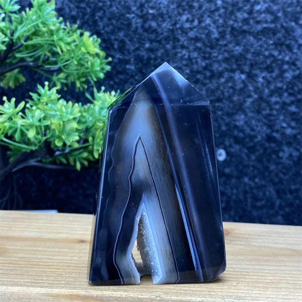 Natural Stone Black Agate Geode Obelisk Reiki Healing Crystal Wand Feng Shui Wizard Worship Home Decor Holiday Gift
