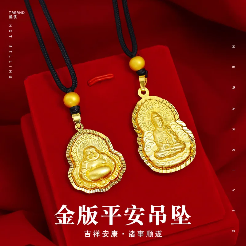 9999 Real Gold 24K Unisex Guanyin Pendant, Gold Ping An Buddha Pendant