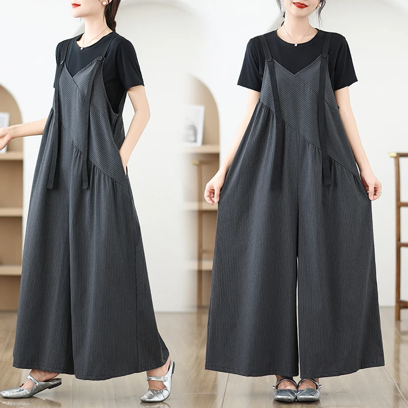 

Trendy Striped Patchwork Women's One-Piece Pants Summer Faionable Belted Straight Cut Long Length Commute Wide Leg High Waist