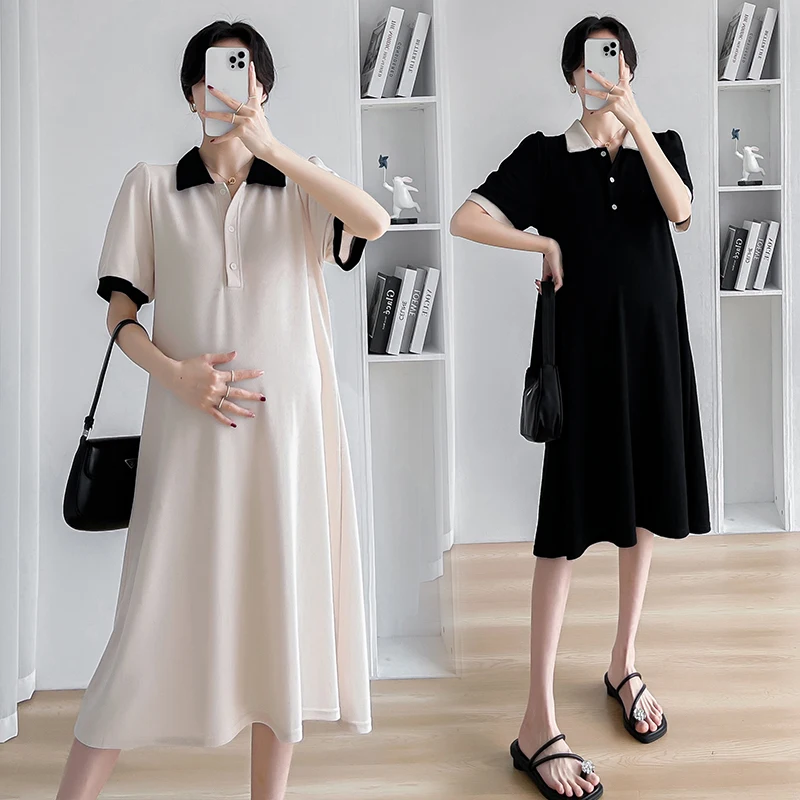 Style Ayeo-myeon 95% Maternity French Color Polo Neck Half-sleeved Loose Half-dress Trend Half-dress Daily Look OP2197
