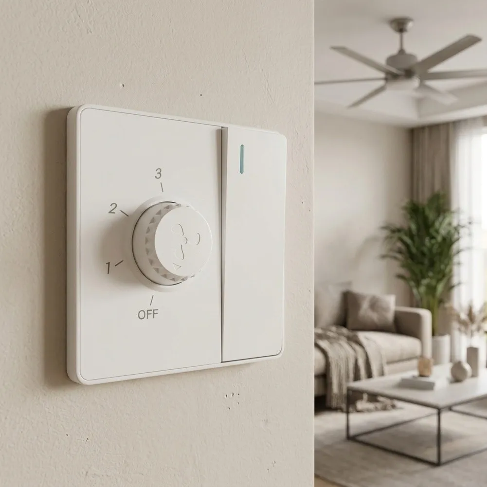 3-Speed Ceiling Fan Wall Controller 220V with Dimming Light Feature Compatible with Standard Electrical Boxes White 86x86mm