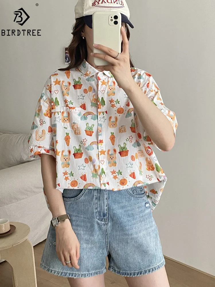 New Spring Cotton Shirt Women Short Sleeve Cartoon Printed Tops Girl Simple Fashion Casual Blouses 2024 Summer T45229QM