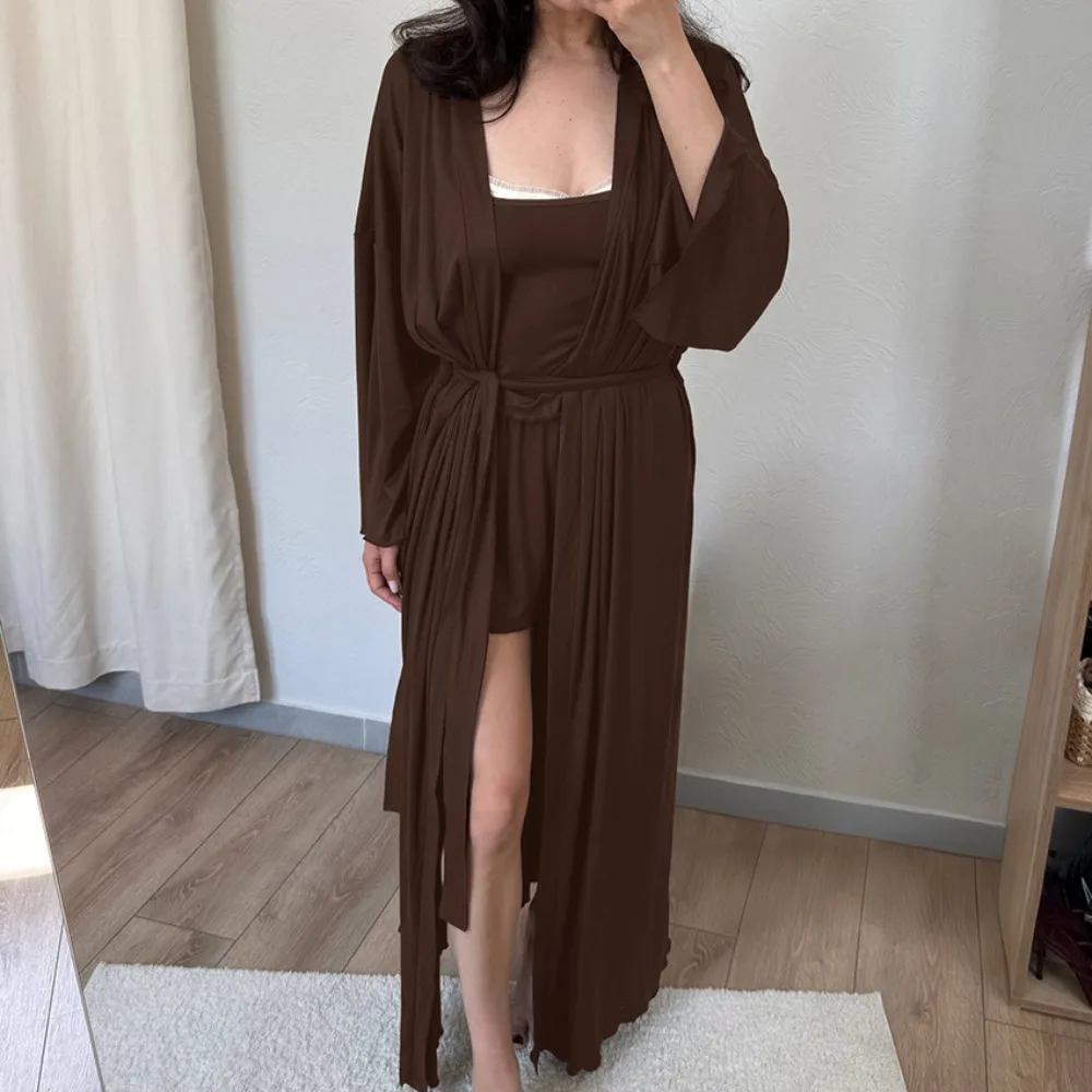 Gentle Style Milk Silk Straps Robe Gown Shorts Set 3pcs Spring and Autumn Women Simple Loose Soft Home Casual Lounge Shorts Set