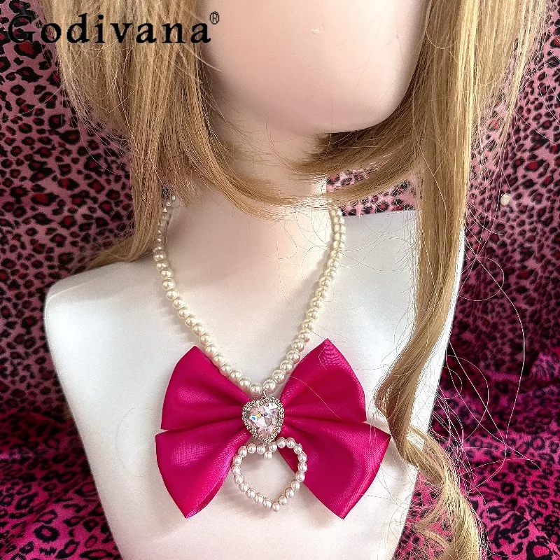 日本オリジナルロリータジースタイルハートラインストーンネックレス-y2k-サブカルチャー手作り古代感覚スウィートガールネックアクセサリー