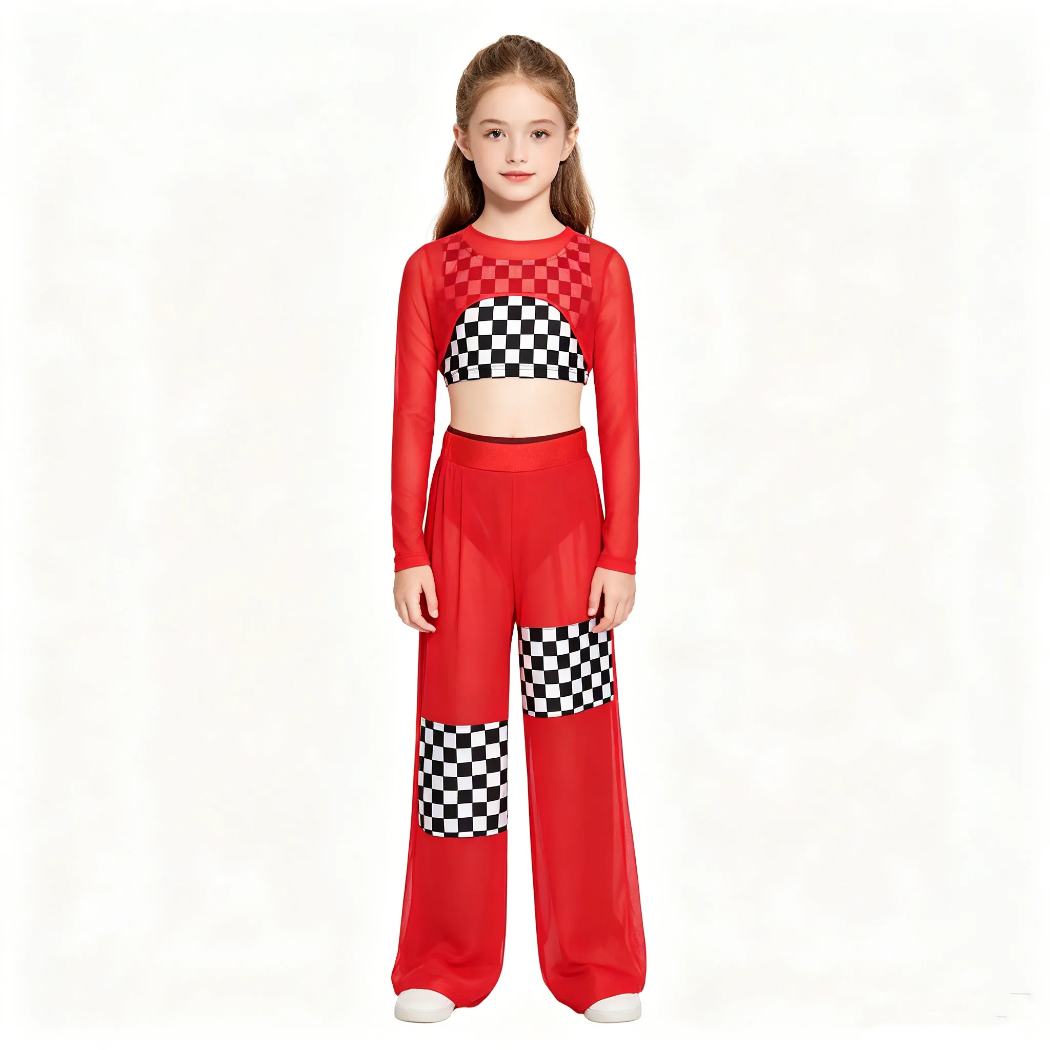 Hip-Hop-Jazz-Streetdance-Outfit für Mädchen, Rennfahrer-Kostüm, Schachbrettmuster-Weste mit Mesh-Crop-Top und Hose