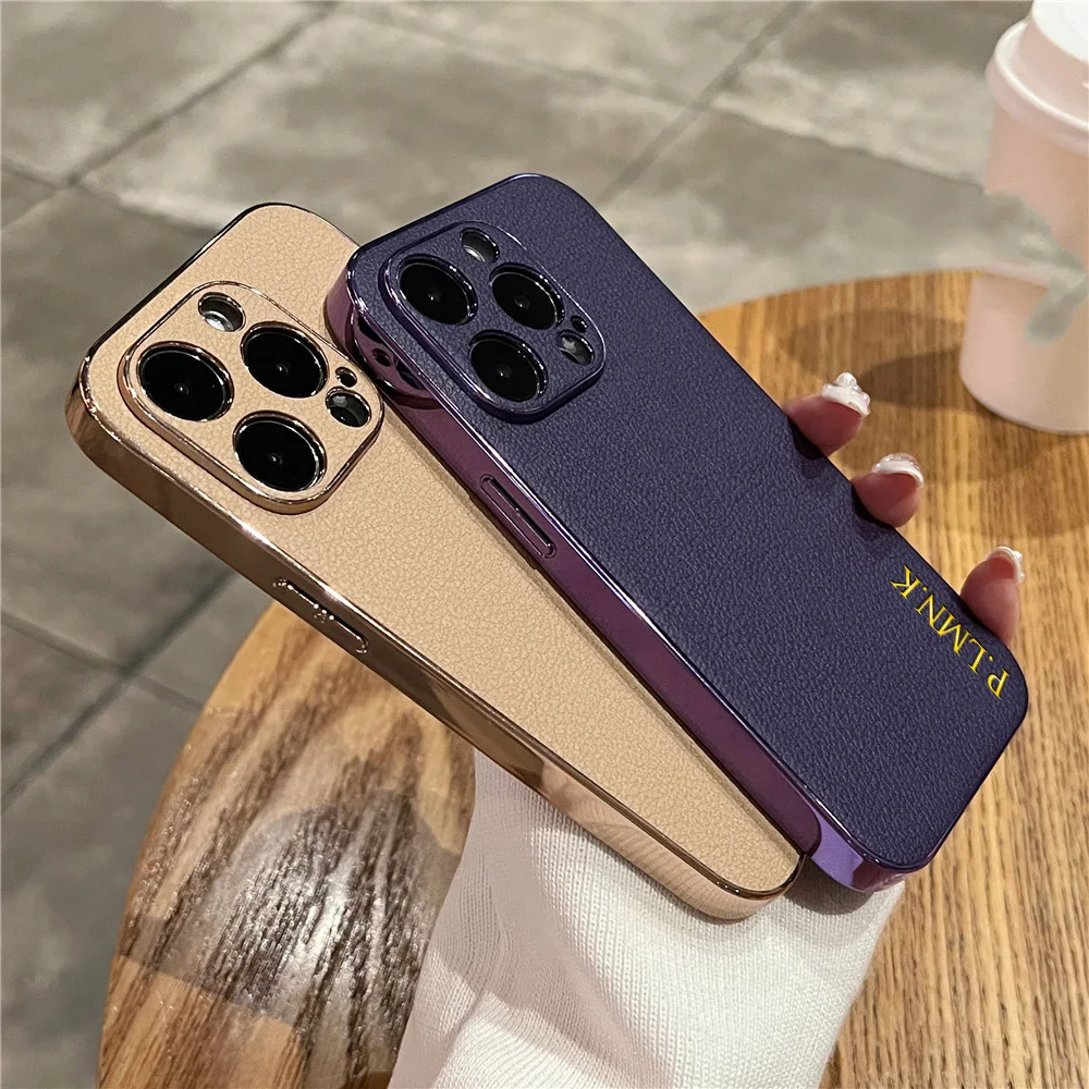 For iPhone 11 12 13 14 15 16 Pro Max Case Leather Plating Personalised Customized Name Initials Leather Cover 16 15 14 Pro Max