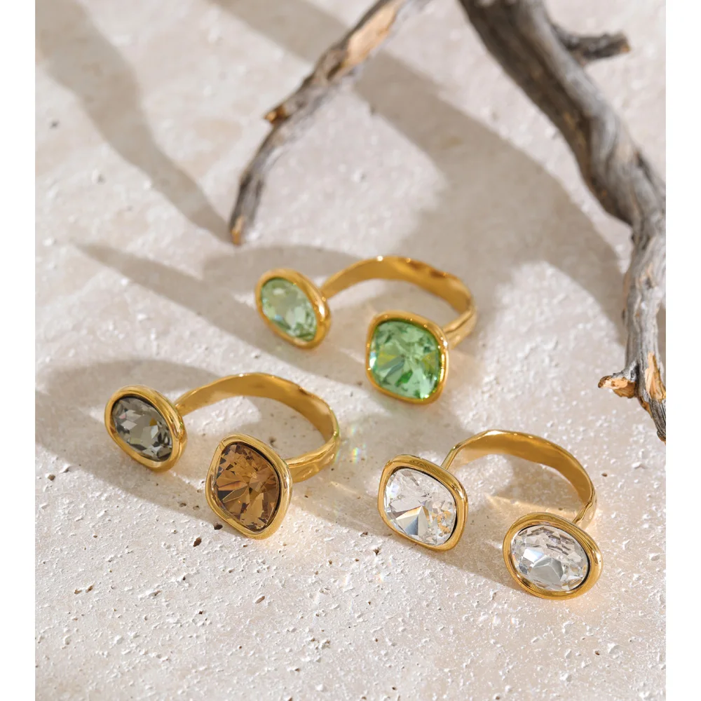 Yhpup Stainless Steel Adjustable Open Ring Brown White Green Square Crystal Gold Color Arrivals Finger Fashion Jewelry