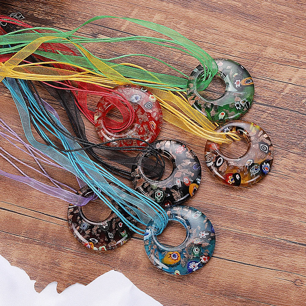 Handmade Murano Lampwork Glass Charms, Mixed Colorful, Round Millefiori Pendants,Making Necklaces 6Pcs