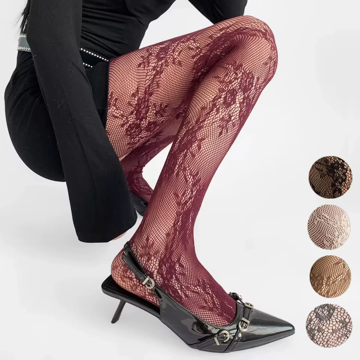 Damen Netzstrumpfhose mit Blumenmuster, sexy, modisch, schwarz, weiß, weinrot, romantisch, Y2K, elastische Leggings
