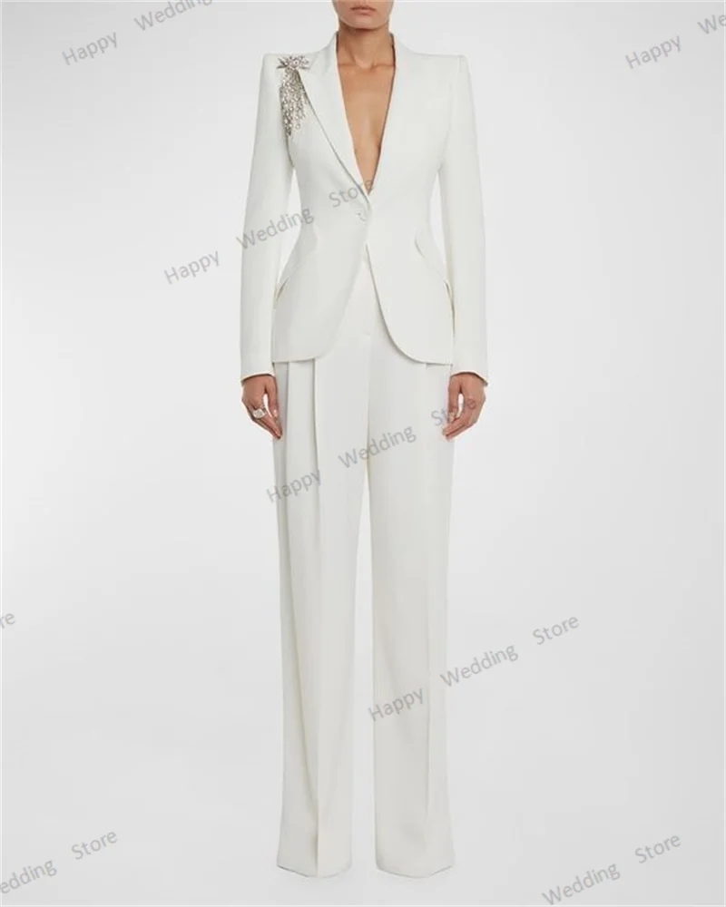 Conjunto de trajes de mujer blancos de cristal para boda, chaqueta de 2 piezas + pantalones sueltos, chaqueta elegante, vestido de graduación para ocasiones especiales hecho a medida