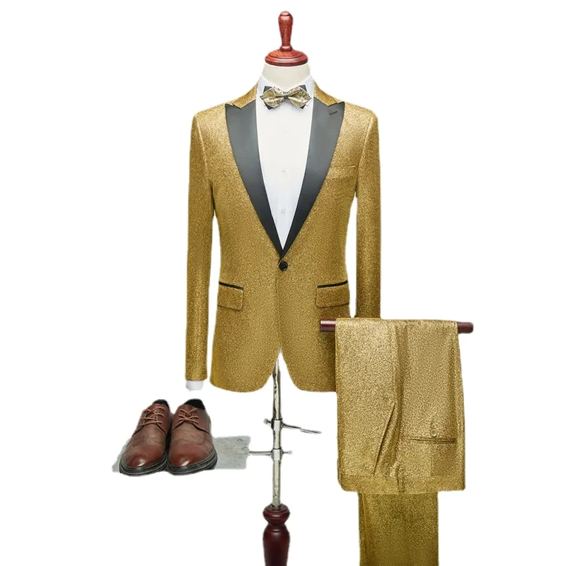 

New Singer Host Stage Performance Suit 2 Piece Gold / Silver Fashion Men Luxury Wedding Party Casual Dress Sets