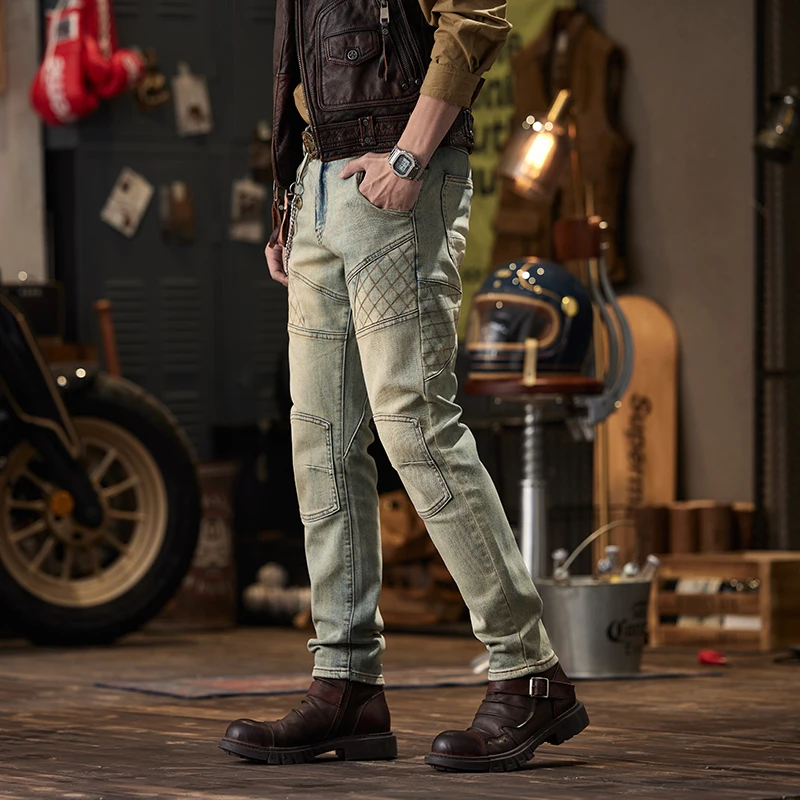 Retro Distressed Street Motorcycle Jeans Men's Stretch Tight Stretch Motorcycle Handsome Slim-Fitting Casual High-End Trousers