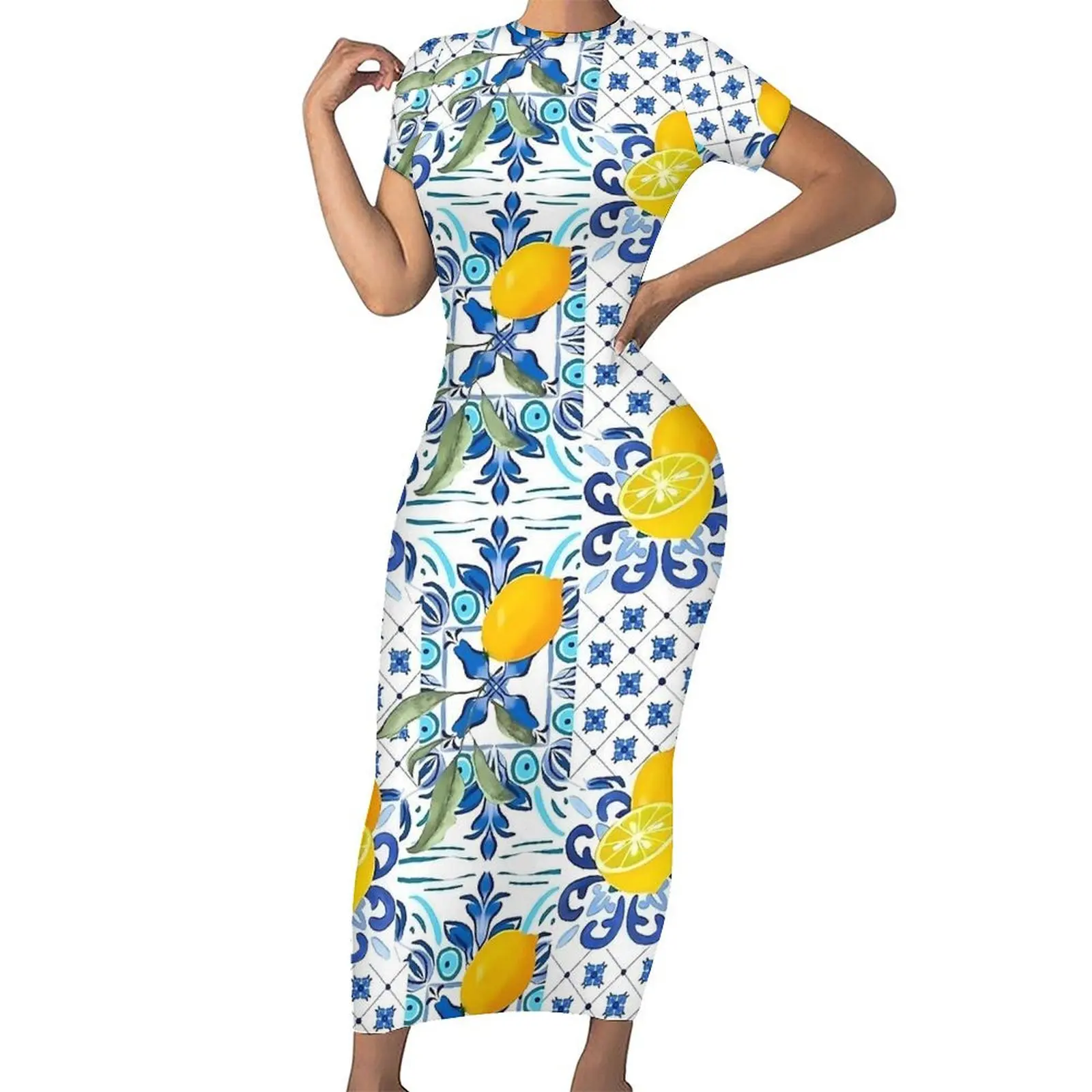 Mosaic Lemon Dress Short Sleeve Vintage Sicilian Tiles Aesthetic Maxi Dresses Vintage Bodycon Dress Women Oversized Clothes